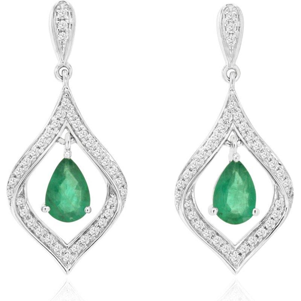 14K White Gold Pear-Shaped Emerald Drop Earrings with Diamond Halo Frame - 0.75 Carat Total Emerald Weight and 0.29 Carat Total Diamond Weight - Royal Jewelry