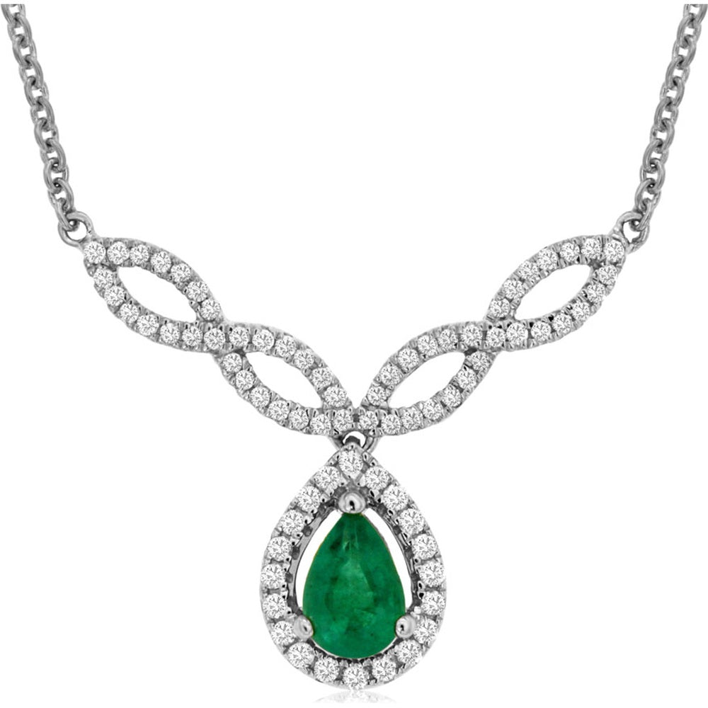 14K White Gold Pear-Shaped Emerald Halo Pendant Necklace with Round Diamond Accents - 0.38 Carat Emerald and 0.25 Carat Total Diamond Weight - Royal Jewelry