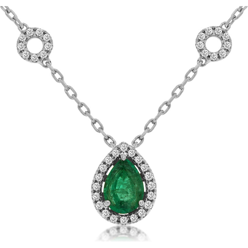 14K White Gold Pear-Shaped Emerald Pendant Necklace with Diamond Halo and Diamond Station Accents - 0.68 Carat Emerald and 0.25 Carat Total Diamond Weight - Royal Jewelry