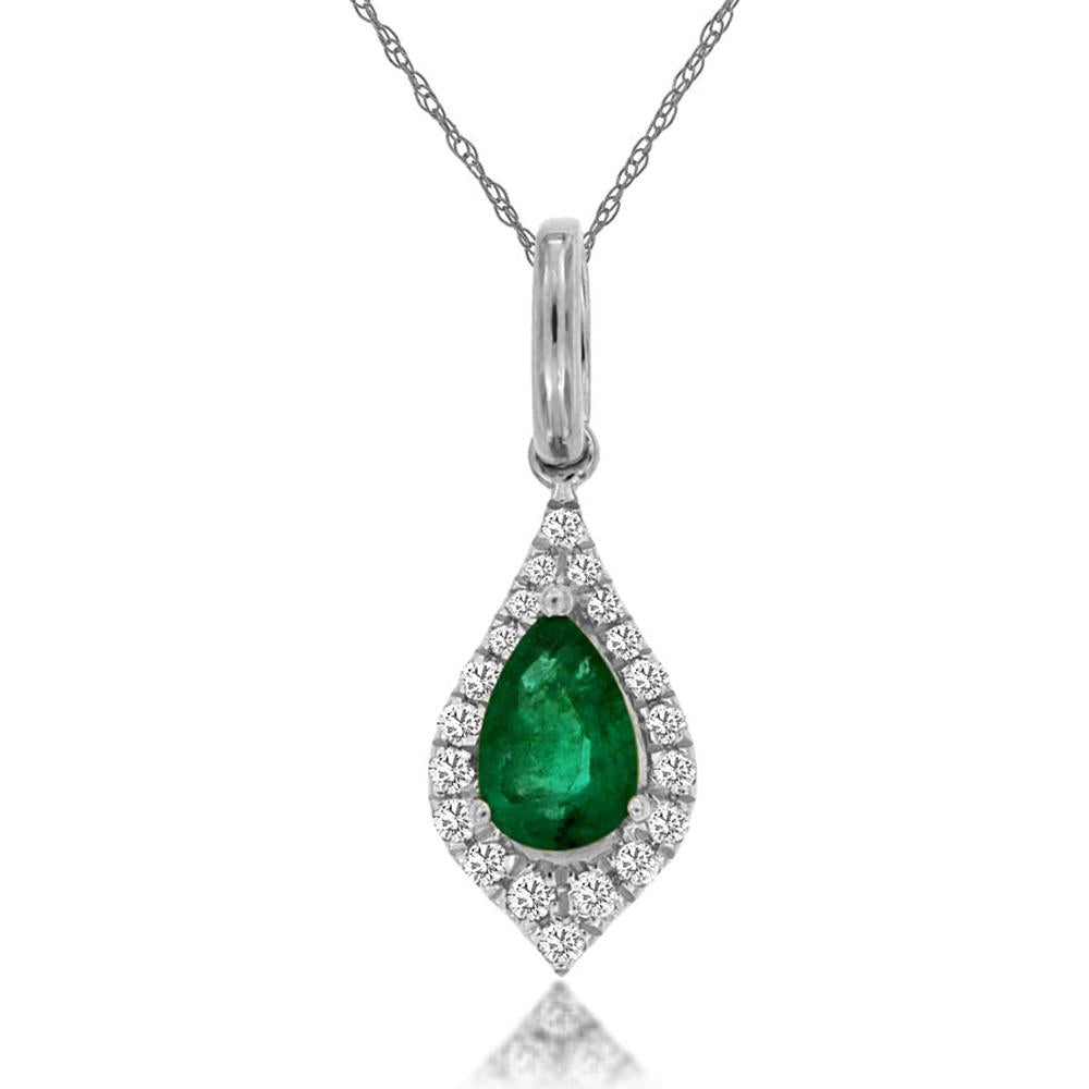 14K White Gold Pear Shaped Emerald Pendant with Diamond Halo - 0.38 Carat Emerald and 0.10 Carat Total Diamond Weight - Royal Jewelry