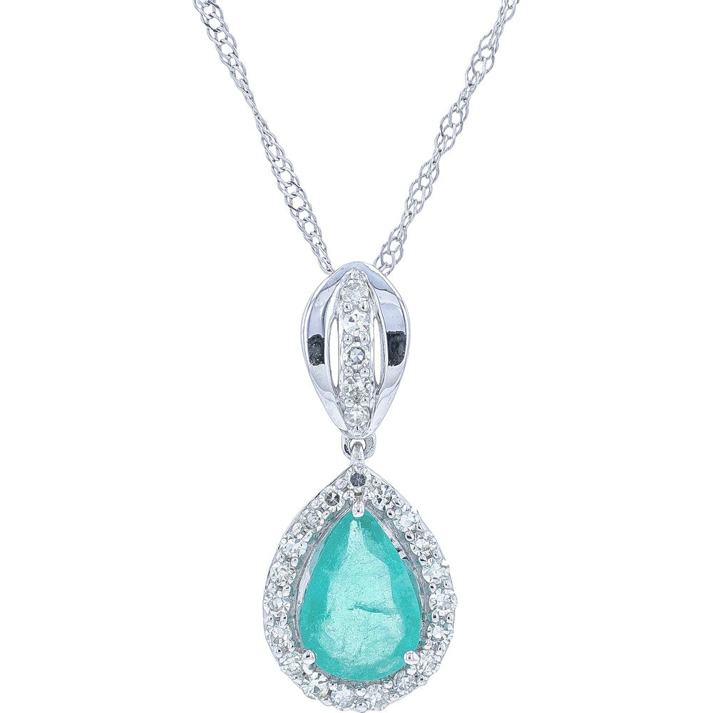 14K White Gold Pear-Shaped Emerald Pendant with Diamond Halo - 0.75 Carat Total Emerald Weight and 0.15 Carat Total Diamond Weight