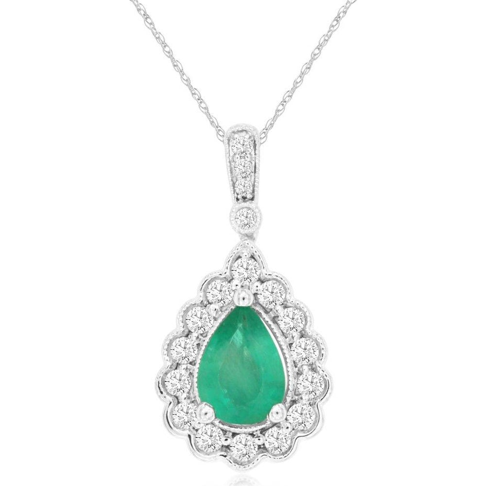 14K White Gold Pear-Shaped Emerald Pendant with Diamond Halo and Milgrain Detail - 0.68 Carat Emerald and 0.25 Carat Total Diamond Weight - Royal Jewelry