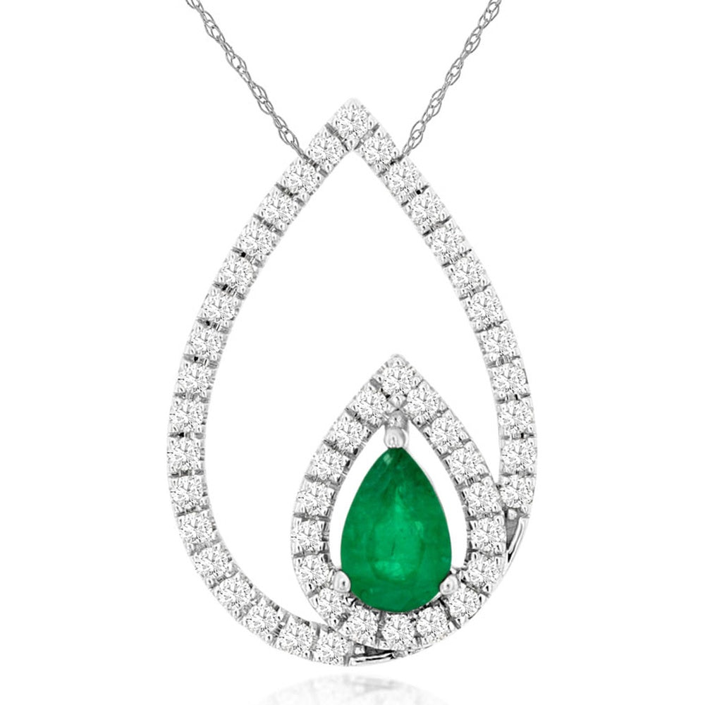 14K White Gold Pear-Shaped Emerald Pendant with Round Diamond Halo and Chain - 0.38 Carat Emerald and 0.33 Carat Diamond Total Weight - Royal Jewelry