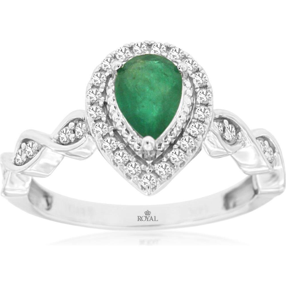 14K White Gold Pear-Shaped Emerald Ring with Diamond Halo and Twisted Vine Band - 0.68 Carat Emerald Total, 0.26 Carat Diamond Total - Royal Jewelry