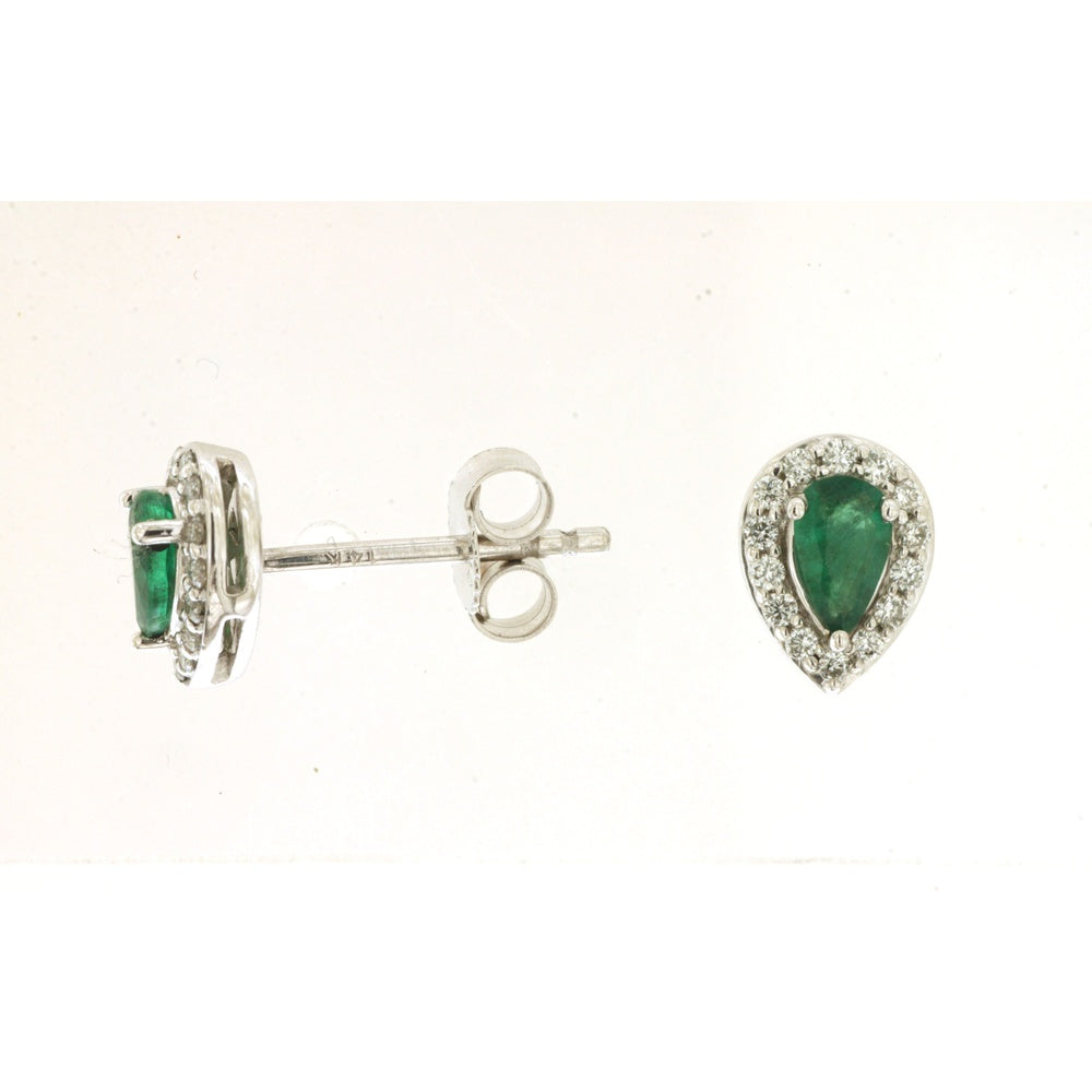 14K White Gold Pear-Shaped Emerald Stud Earrings with Round Diamond Halo - 0.42 Carat Total Emerald Weight and 0.14 Carat Total Diamond Weight - Royal Jewelry