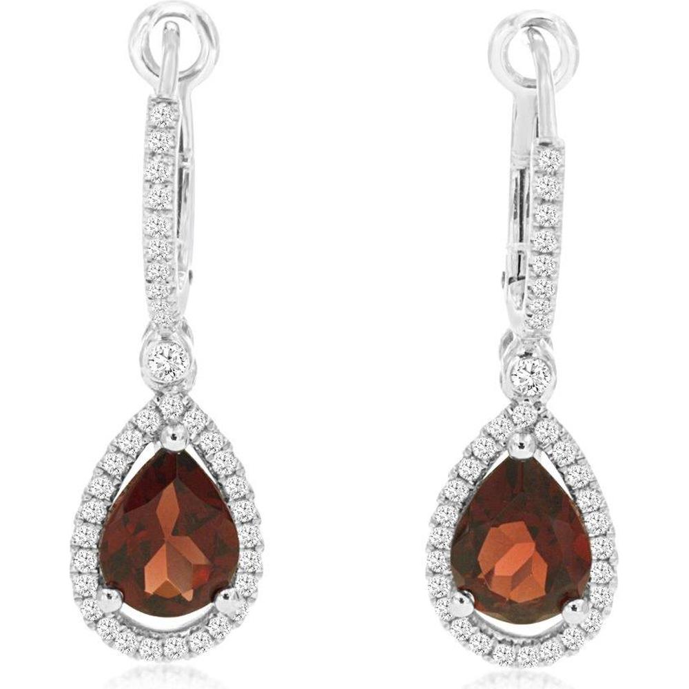 14K White Gold Pear-Shaped Garnet & Diamond Halo Drop Earrings - 2.50 Carat Total Garnet Weight, 0.42 Carat Total Diamond Weight - Royal Jewelry