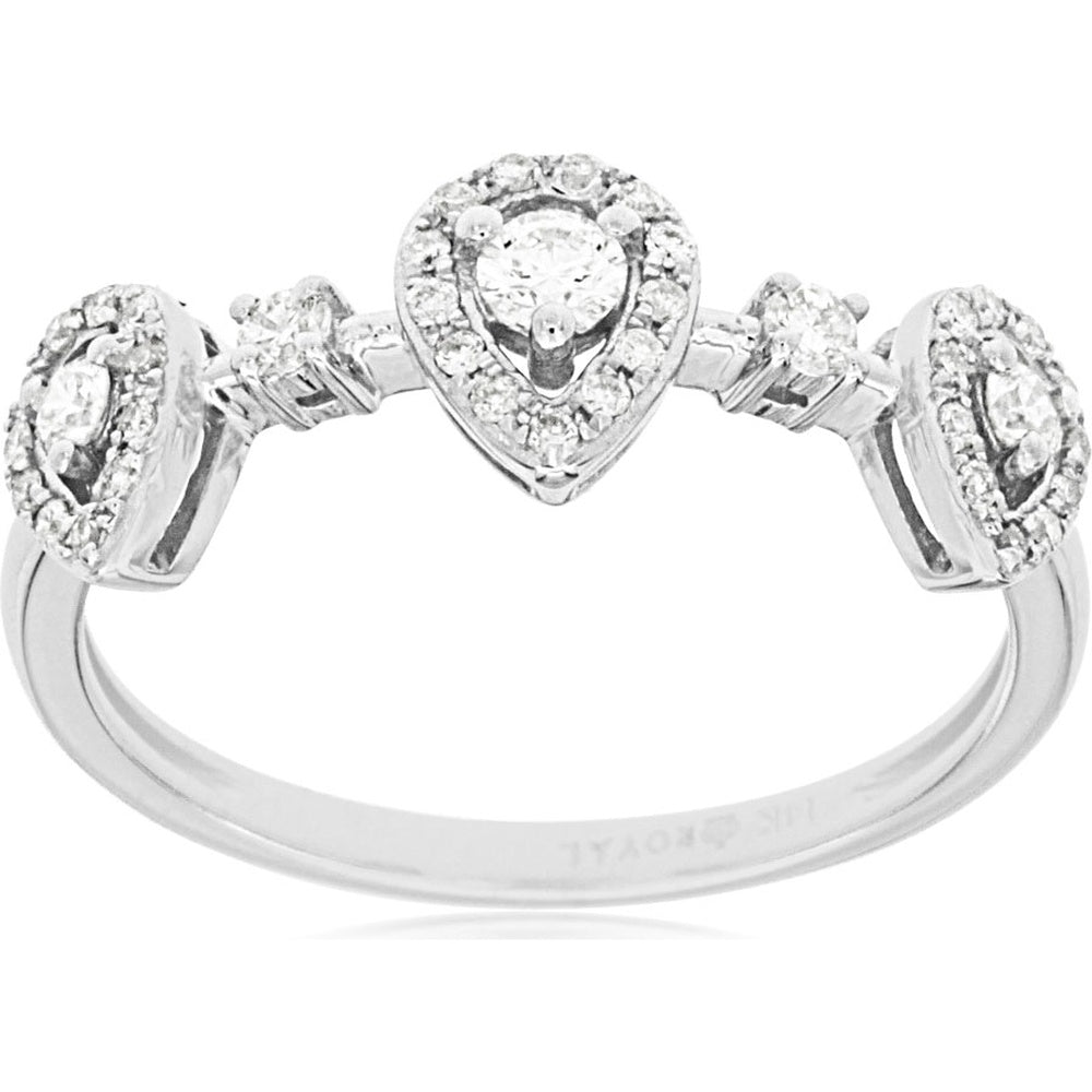 14K White Gold Pear-Shaped Halo Diamond Ring with Accented Side Clusters - 0.35 Carat Total Diamond Weight - Royal Jewelry