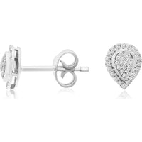 14K White Gold Pear Shaped Halo Diamond Stud Earrings with Round Diamond Cluster - 0.14 Carat Total Diamond Weight - Royal Jewelry