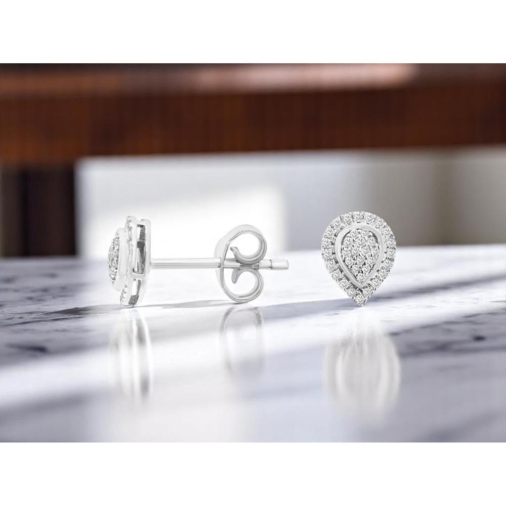 14K White Gold Pear Shaped Halo Diamond Stud Earrings with Round Diamond Cluster - 0.14 Carat Total Diamond Weight - Royal Jewelry