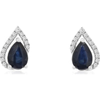 14K White Gold Pear-Shaped Halo Earrings with Blue Sapphires and Round Diamonds - 1.50 Carat Total Sapphire Weight and 0.14 Carat Total Diamond Weight - Royal Jewelry