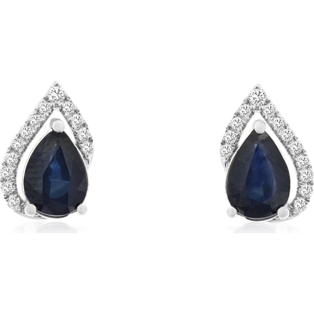 14K White Gold Pear-Shaped Halo Earrings with Blue Sapphires and Round Diamonds - 1.50 Carat Total Sapphire Weight and 0.14 Carat Total Diamond Weight - Royal Jewelry