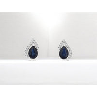 14K White Gold Pear-Shaped Halo Earrings with Blue Sapphires and Round Diamonds - 1.50 Carat Total Sapphire Weight and 0.14 Carat Total Diamond Weight - Royal Jewelry