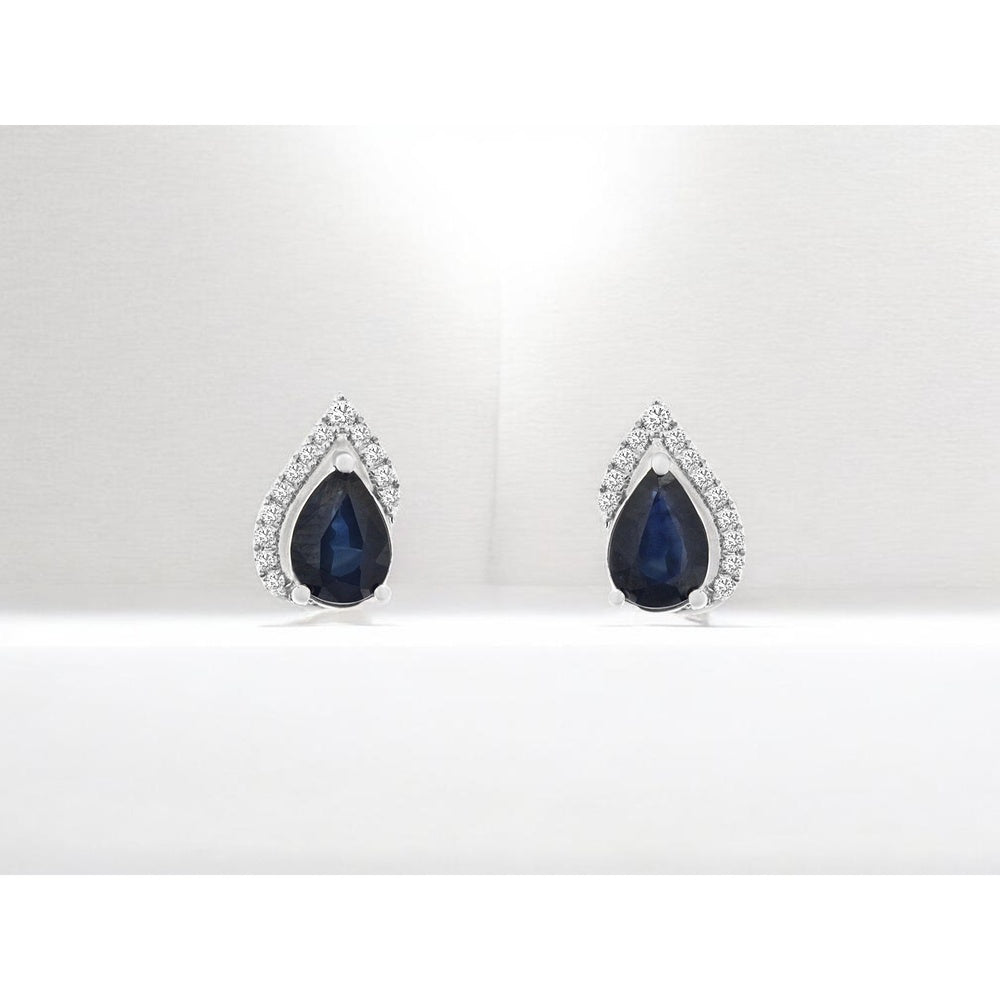 14K White Gold Pear-Shaped Halo Earrings with Blue Sapphires and Round Diamonds - 1.50 Carat Total Sapphire Weight and 0.14 Carat Total Diamond Weight - Royal Jewelry