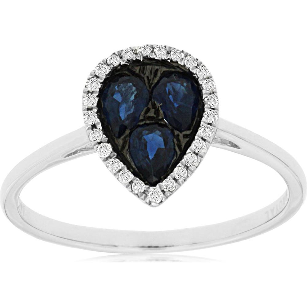 14K White Gold Pear-Shaped Halo Ring with 0.60 Carat Sapphire Illusion Center and 0.08 Carat Round Diamonds - Royal Jewelry