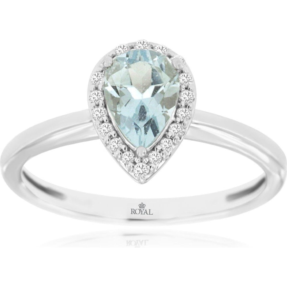 14K White Gold Pear-Shaped Halo Ring with 0.65 Carat Aquamarine and 0.10 Carat Accent Diamonds - Royal Jewelry
