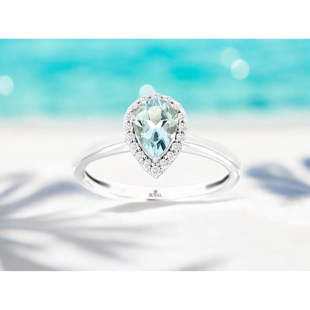 14K White Gold Pear-Shaped Halo Ring with 0.65 Carat Aquamarine and 0.10 Carat Accent Diamonds - Royal Jewelry