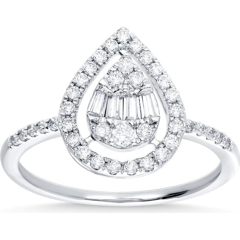 14K White Gold Pear-Shaped Halo Ring with Round and Baguette Diamonds - 0.54 Carat Total Diamond Weight by Auriventus