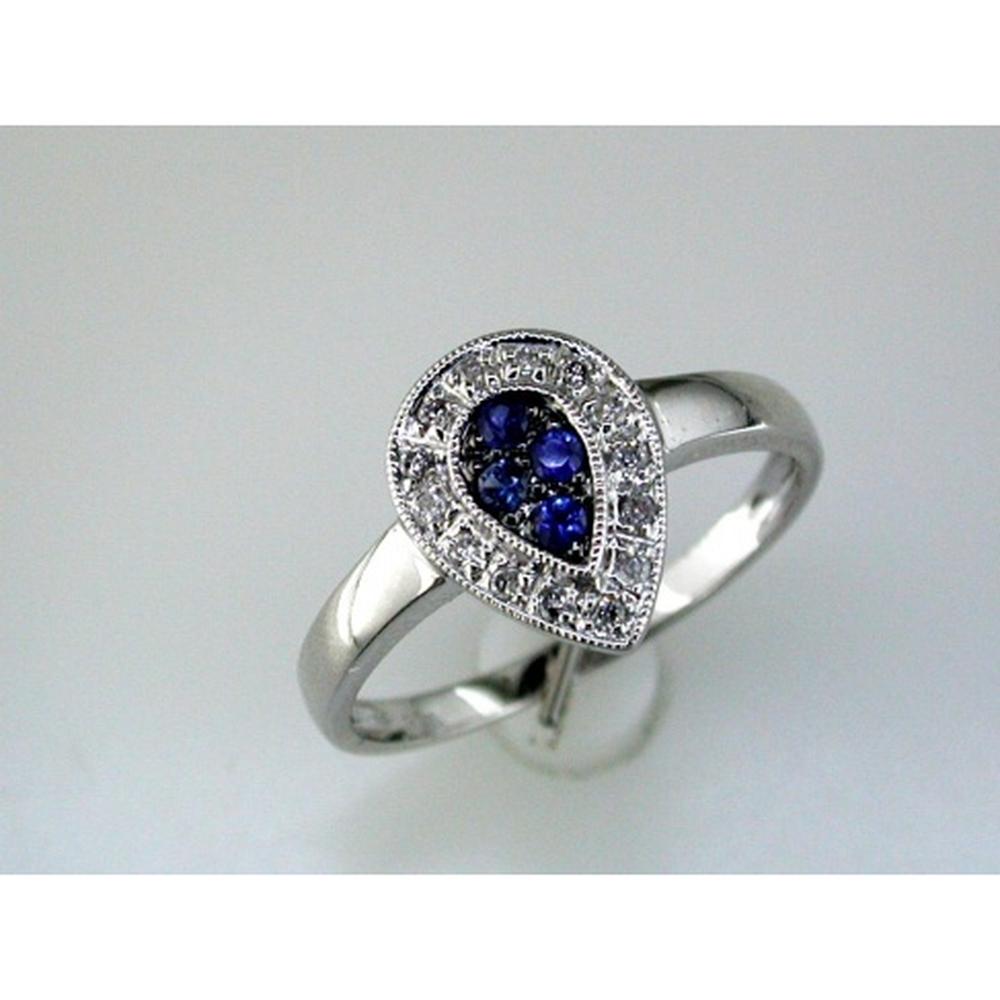 14K White Gold Pear-Shaped Halo Ring with Round Blue Sapphires and Round Diamonds - 0.12 Carat Sapphire, 0.10 Carat Diamond - Royal Jewelry