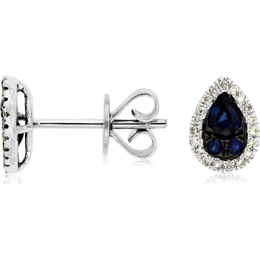 14K White Gold Pear-Shaped Halo Sapphire and Diamond Stud Earrings - 0.50 Carat Total Sapphire Weight, 0.12 Carat Total Diamond Weight - Royal Jewelry