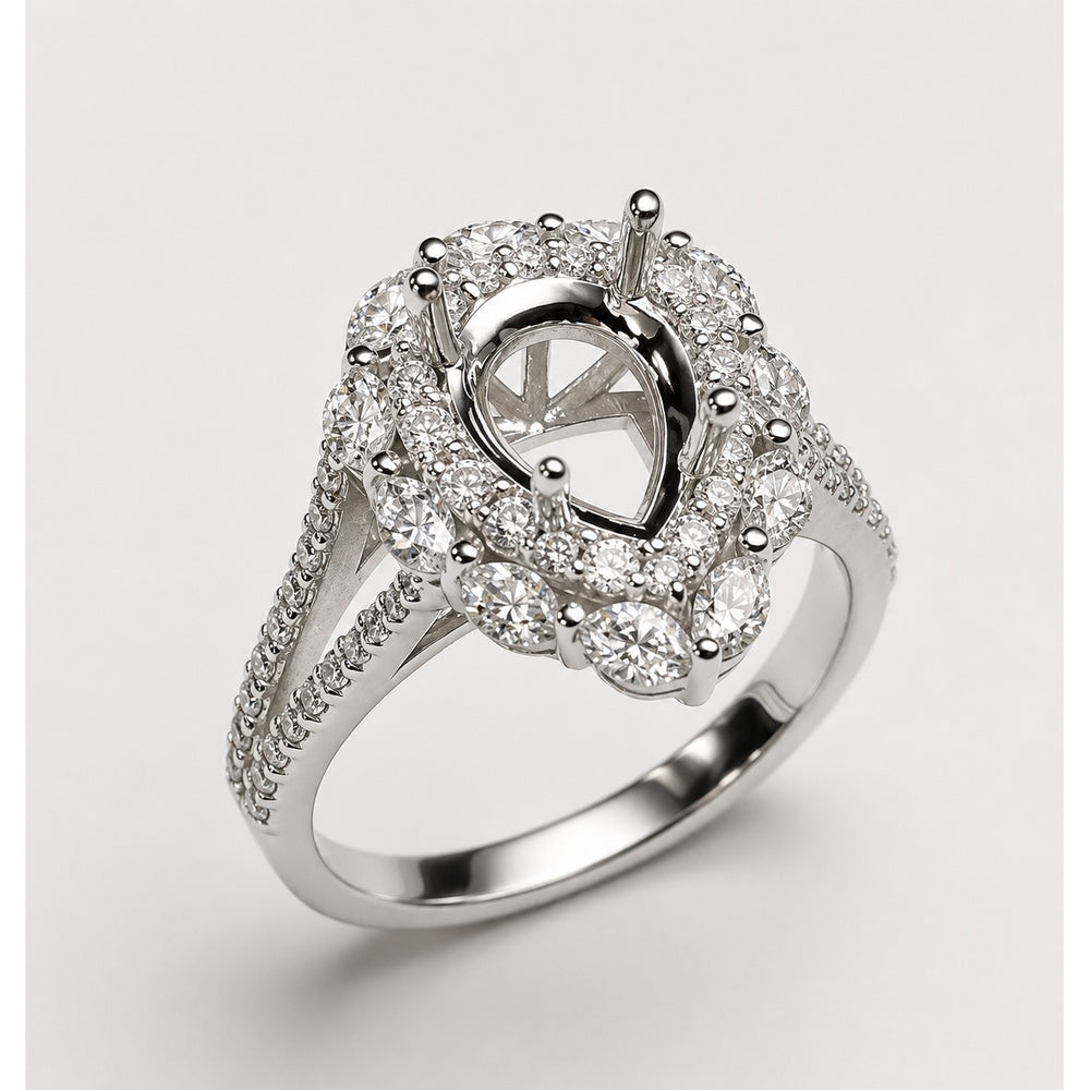 14K White Gold Pear-Shaped Halo Semi-Mount Ring with Pavé Split Shank Diamonds - 1.14 Carat Total Diamond Weight by Auriventus