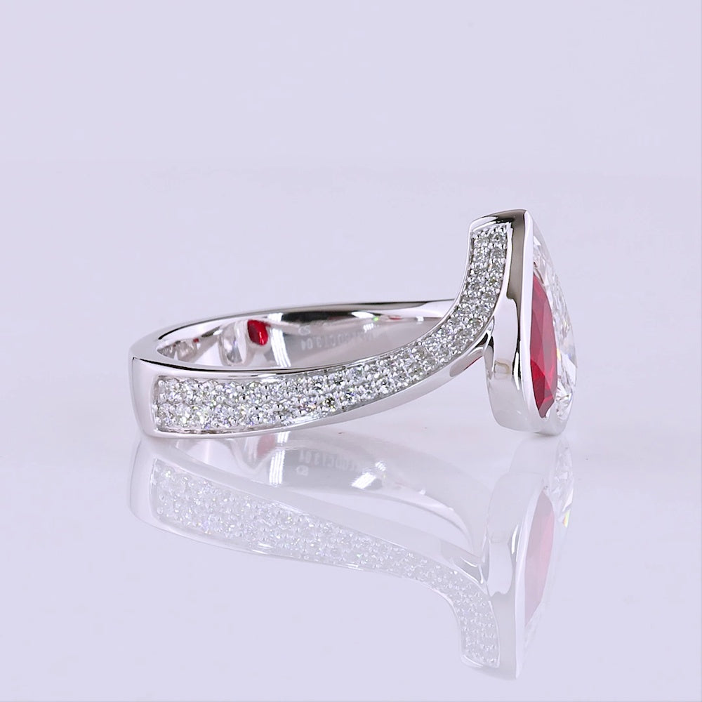14K White Gold Pear Shaped Inclined Ring with 1.64 Carat Lab Diamond and Brilliant Cut Accents - 1.85 Total Carat Weight - Covaloro Fine Jewelry