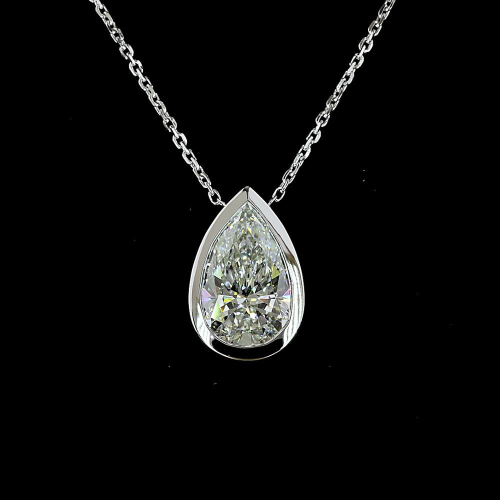 14K White Gold Pear Shaped Lab Diamond Solitaire Pendant with Bezel Setting - 2.54 Carat Total Diamond Weight, E-F Color, VS1 Clarity - Covaloro Fine Jewelry