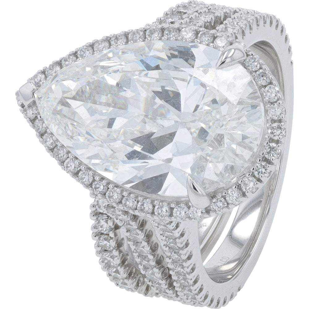 14K White Gold Pear-Shaped Lab Grown Diamond Bridal Set with Halo and Split Shank - 8.35 Carat Total Diamond Weight