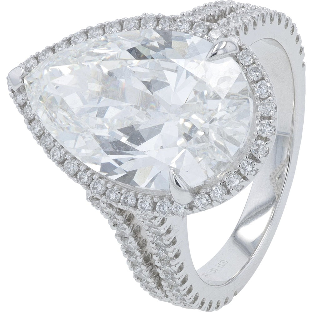 14K White Gold Pear-Shaped Lab Grown Diamond Bridal Set with Halo and Split Shank - 8.35 Carat Total Diamond Weight