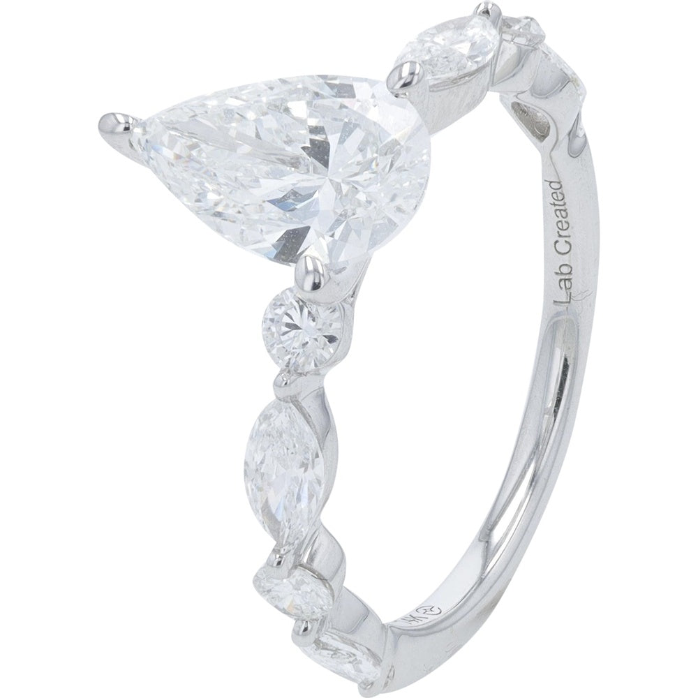 14K White Gold Pear-Shaped Lab Grown Diamond Engagement Ring with Alternating Round and Marquise Accent Stones - 2.25 Carat Total Diamond Weight