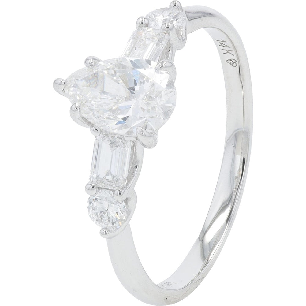14K White Gold Pear-Shaped Lab Grown Diamond Engagement Ring with Side Stones - 1.25 Carat Total Diamond Weight