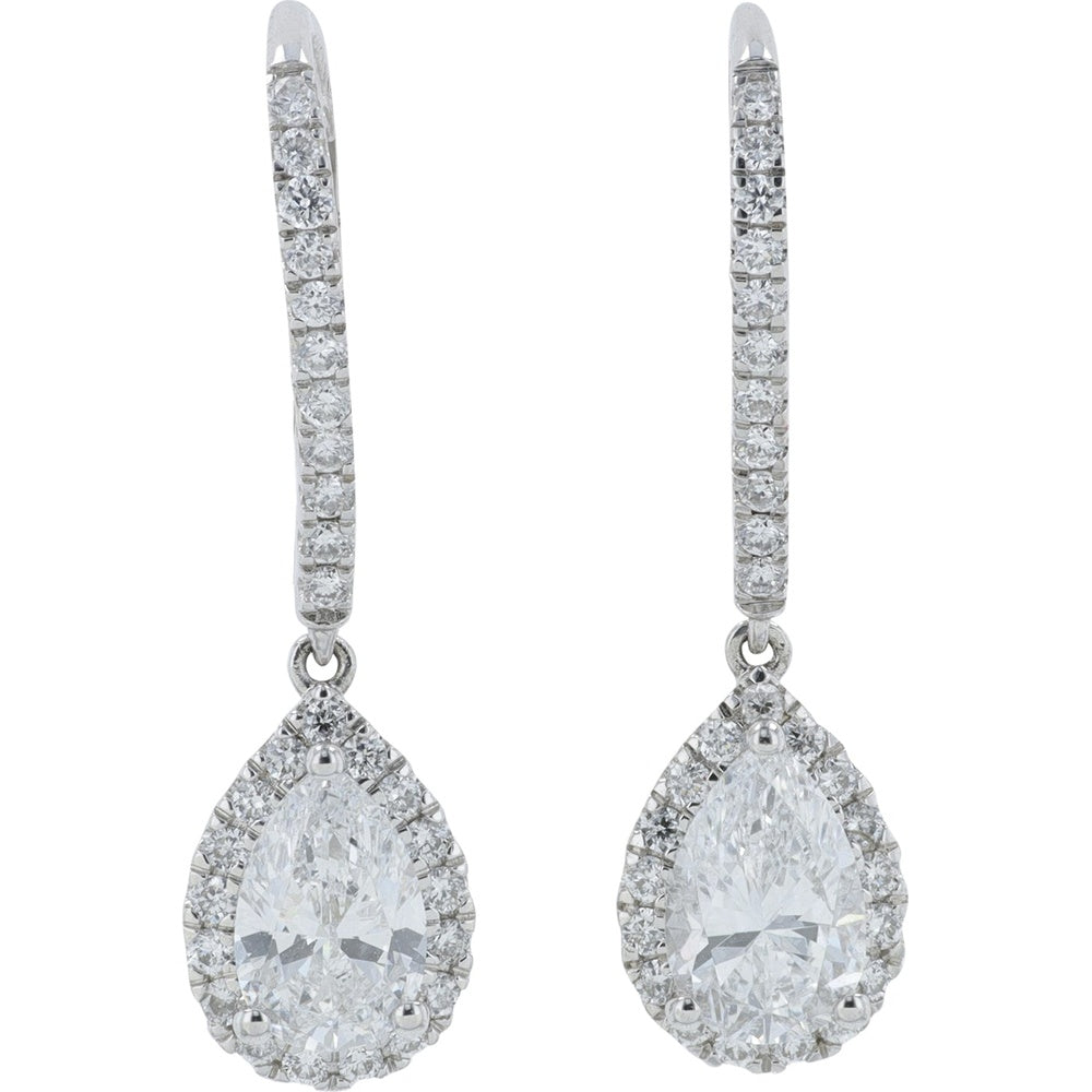 14K White Gold Pear-Shaped Lab Grown Diamond Halo Drop Earrings with Diamond-Accented Lever-Back Hoops - 1.25 Carat Total Diamond Weight