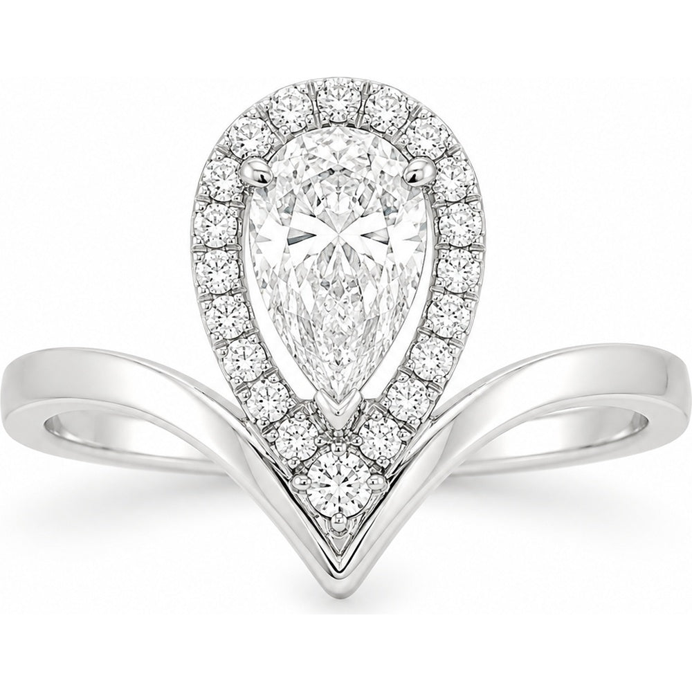 14K White Gold Pear-Shaped Lab Grown Diamond Halo Engagement Ring with Round Diamond Accents - 0.74 Carat Total Diamond Weight by Auriventus