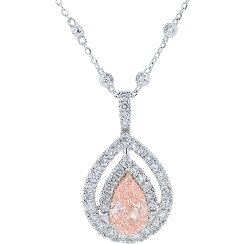 14K White Gold Pear-Shaped Lab-Grown Pink Diamond Pendant with Diamond Halo and Bezel-Set Accent Chain - 2.00 Carat Total Diamond Weight