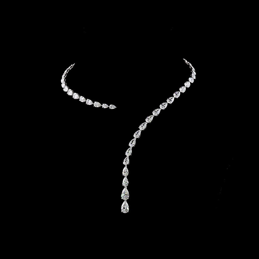 14K White Gold Pear-Shaped Lariat Necklace with 33.47 Carat Lab-Grown E-F VS2 Diamonds in Prong Setting - Covaloro Fine Jewelry
