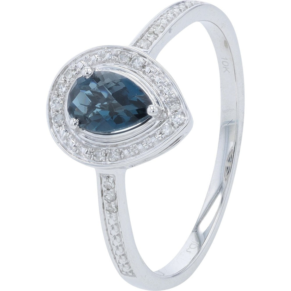 14K White Gold Pear-Shaped London Blue Topaz Ring with Diamond Halo and Milgrain Detail - 0.50 Carat Total Gem Weight and 0.07 Carat Total Diamond Weight