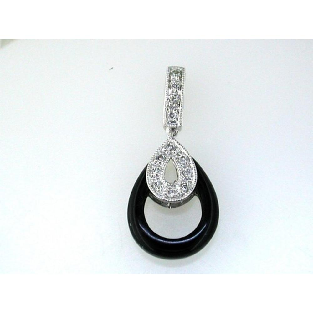 14K White Gold Pear-Shaped Onyx Drop Pendant with Round Diamond Accents - 0.06 Carat Total Diamond Weight - Royal Jewelry