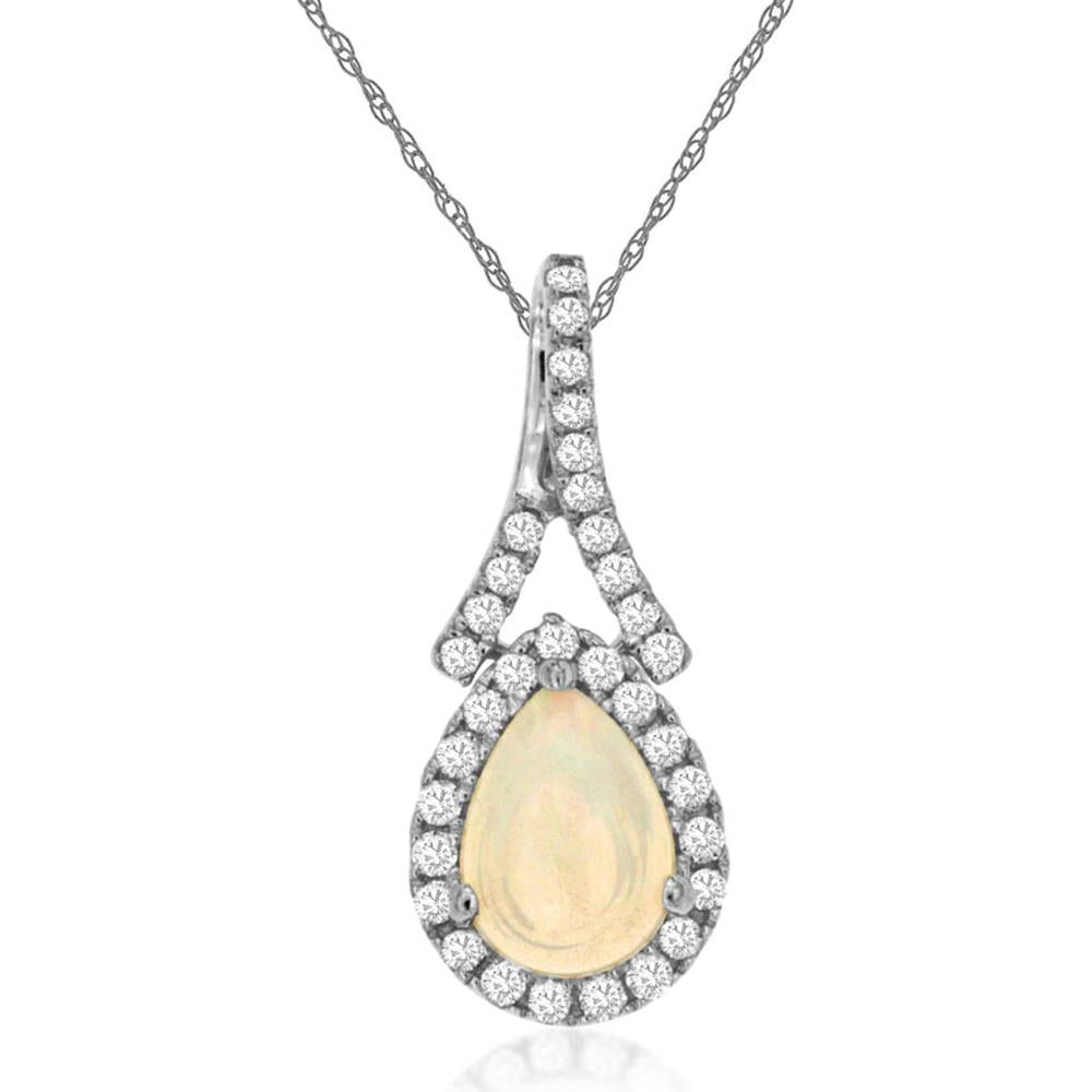 14K White Gold Pear-Shaped Opal and Diamond Halo Pendant - 0.40 Carat Opal and 0.15 Carat Total Diamond Weight - Royal Jewelry