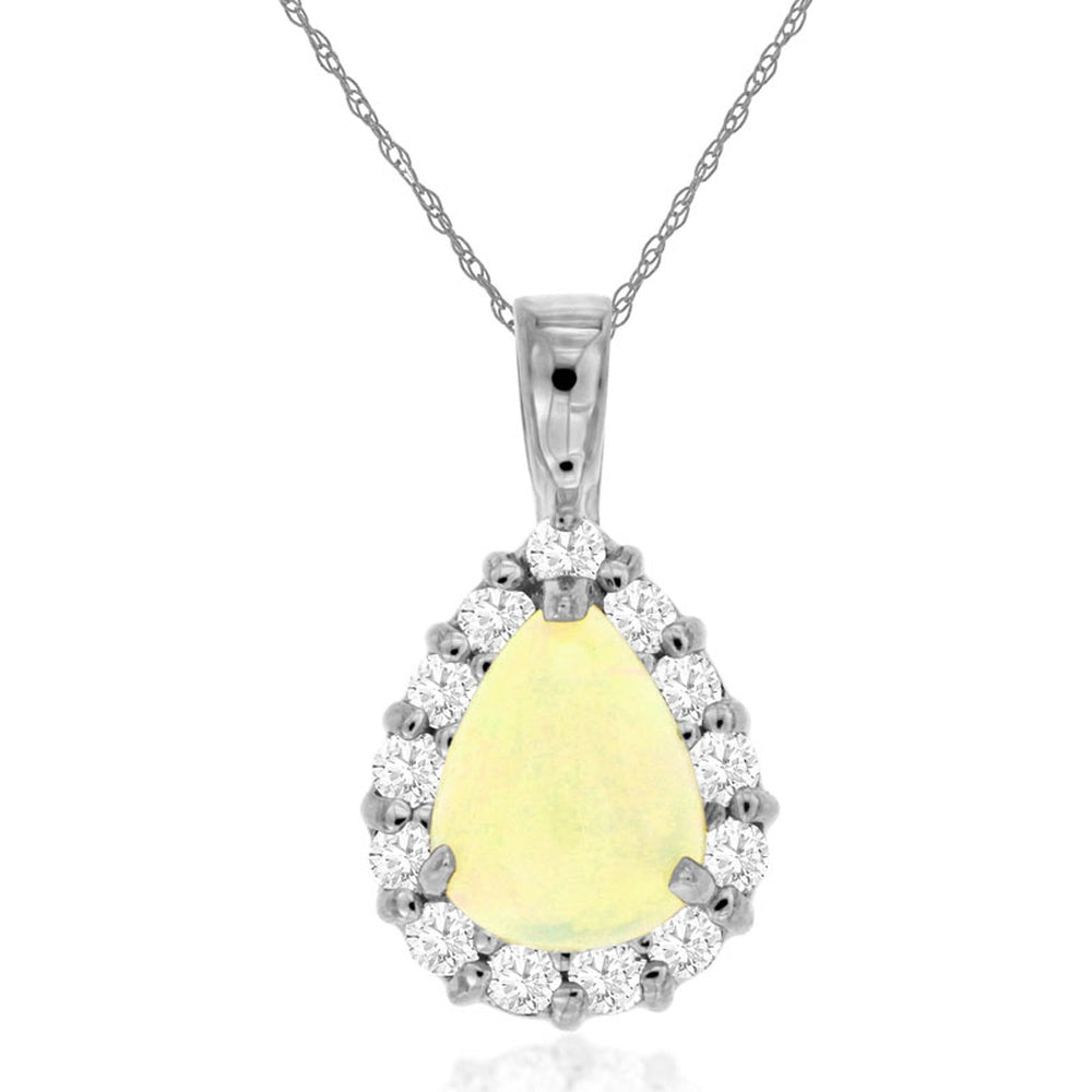 14K White Gold Pear-Shaped Opal Pendant with Diamond Halo - 0.70 Carat Opal and 0.30 Carat Total Diamond Weight - Royal Jewelry