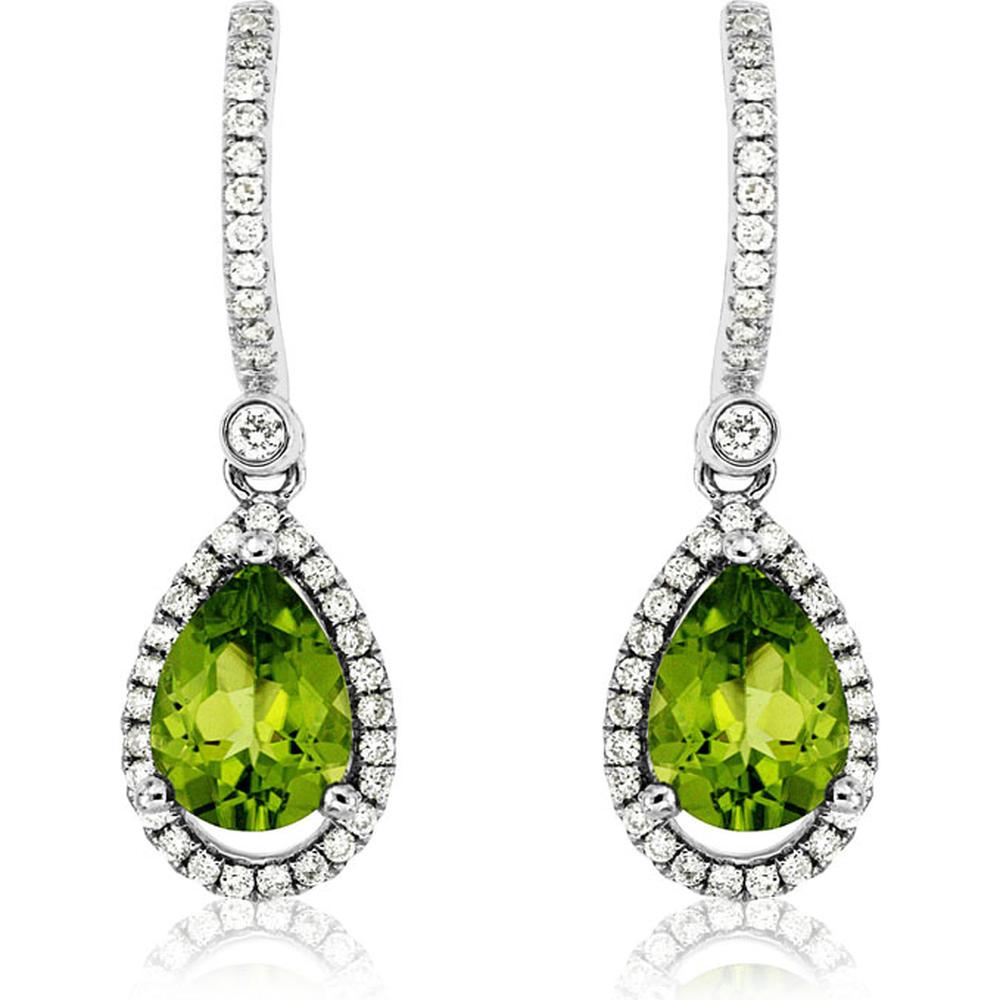 14K White Gold Pear-Shaped Peridot and Diamond Drop Earrings with Pavé Hoop - 2.20 Carat Total Peridot Weight, 0.42 Carat Total Diamond Weight - Royal Jewelry