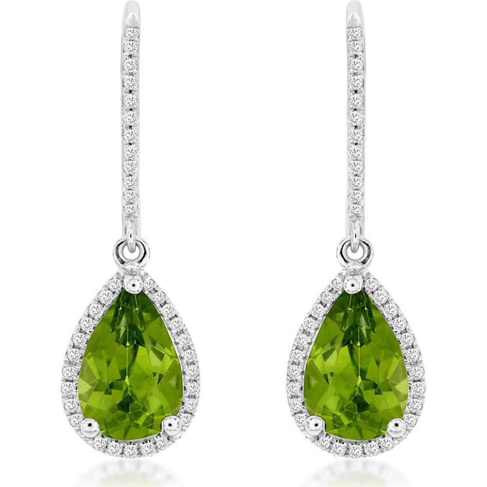 14K White Gold Pear-Shaped Peridot and Diamond Halo Drop Earrings - 3.00 Carat Total Peridot Weight, 0.22 Carat Total Diamond Weight - Royal Jewelry