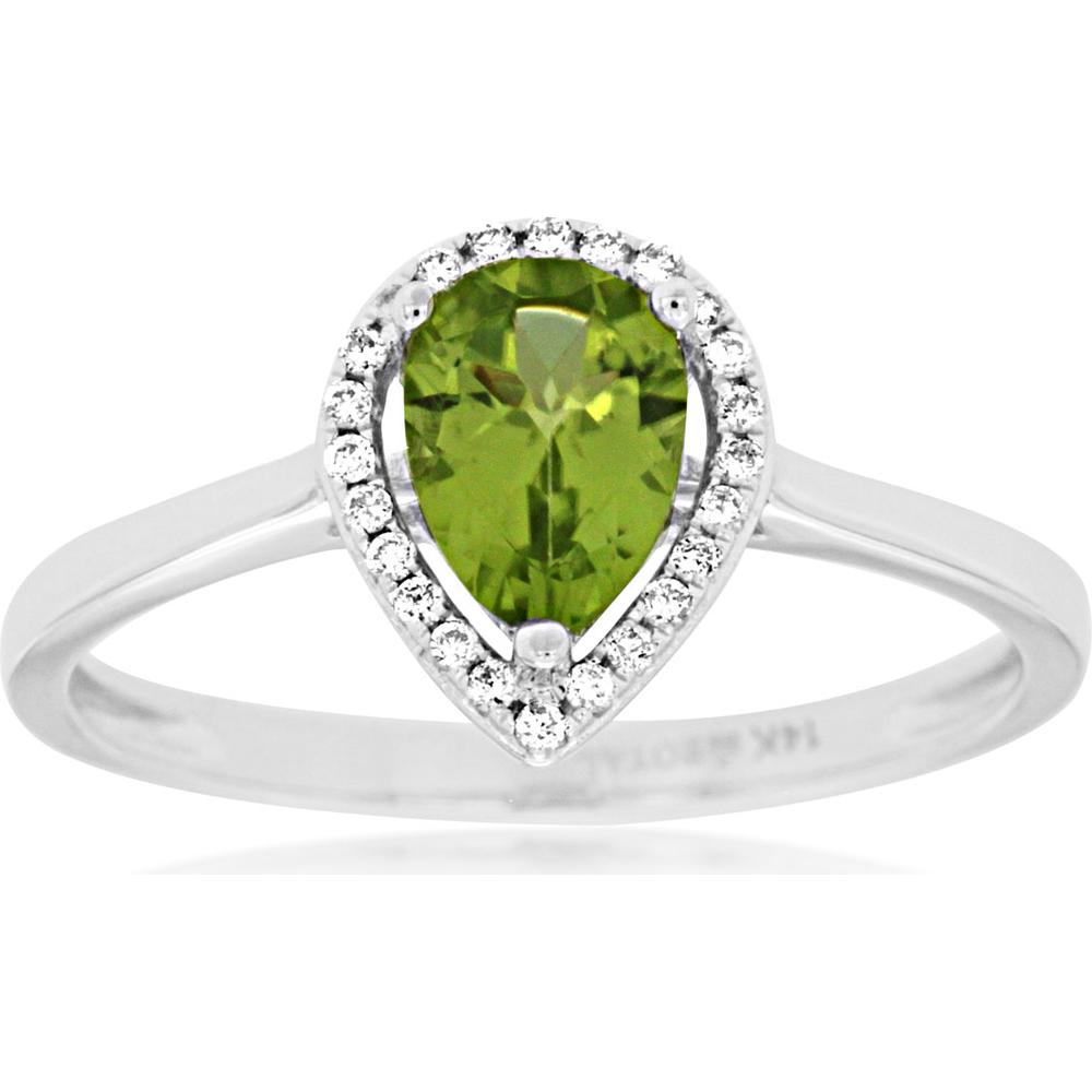 14K White Gold Pear Shaped Peridot and Diamond Halo Ring - 0.75 Carat Peridot and 0.08 Carat Diamond Total Weight - Royal Jewelry