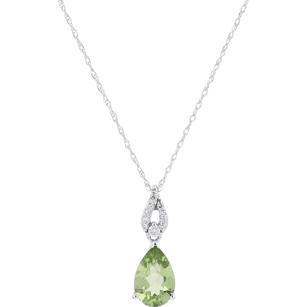 14K White Gold Pear-Shaped Peridot Pendant with Diamond Accents - 1.34 Carats Peridot, 0.06 Carats Total Diamond Weight