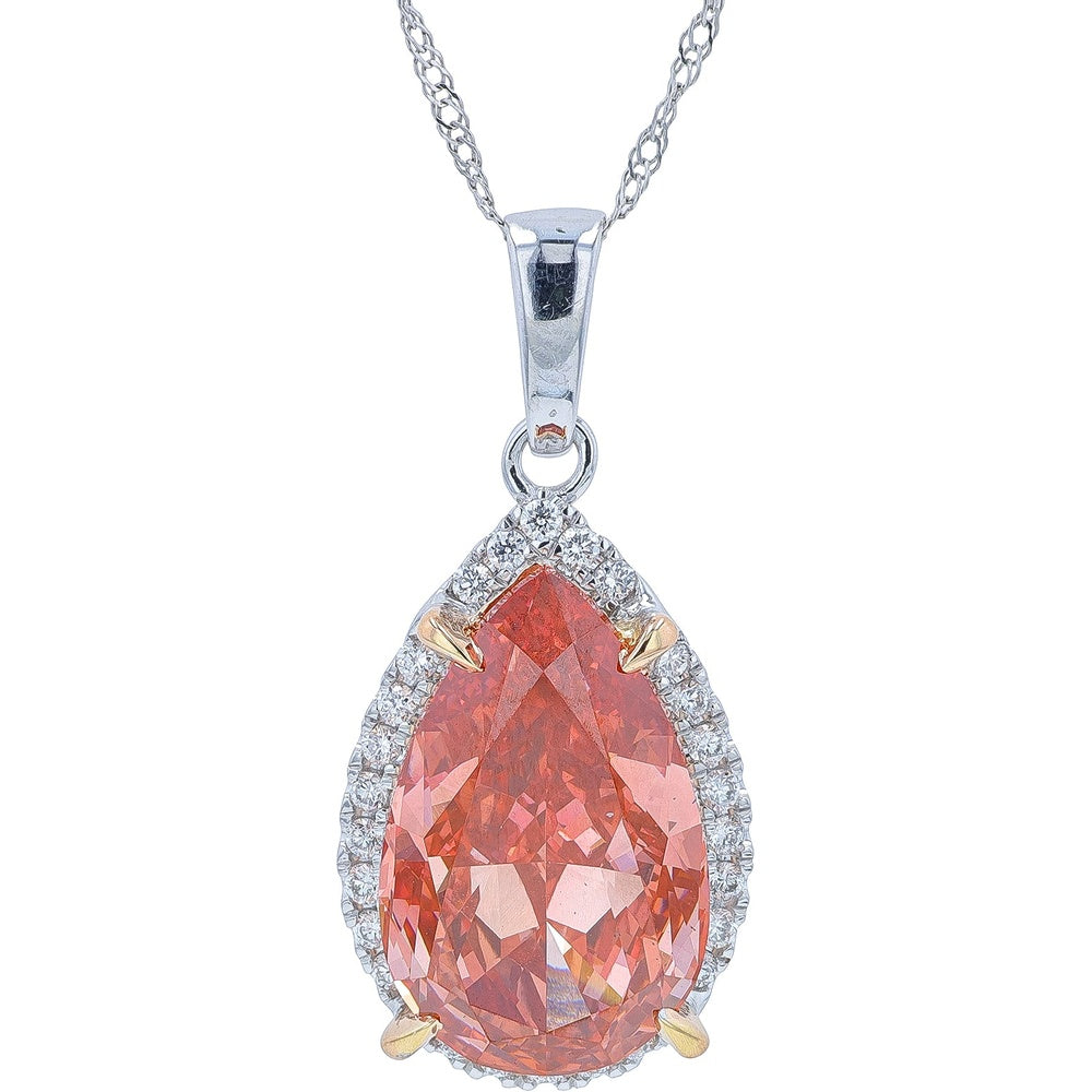 14K White Gold Pear-Shaped Pink Lab-Grown Diamond Halo Pendant with Yellow Gold Prongs - 5.75 Carat Total Diamond Weight