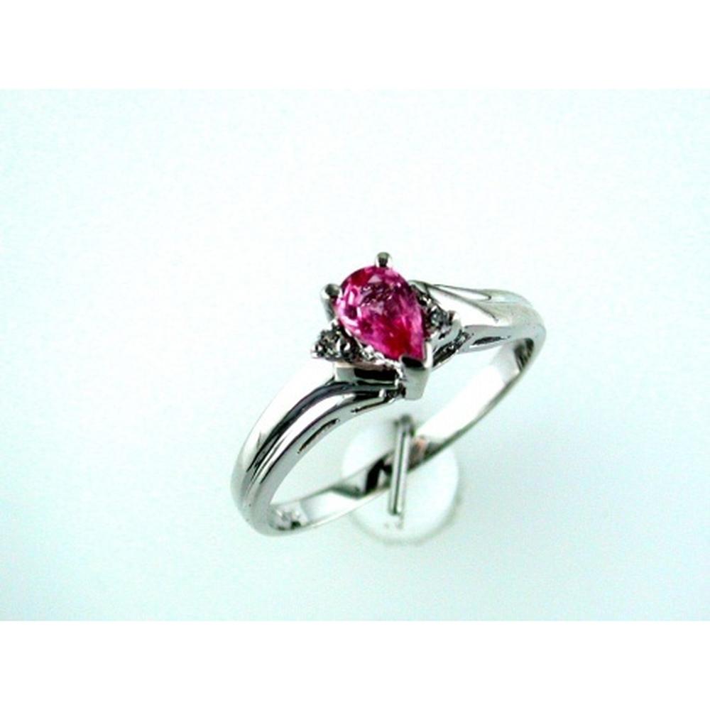 14K White Gold Pear-Shaped Pink Sapphire and Round Diamond Accent Ring - 0.48 Carat Pink Sapphire, 0.03 Carat Diamonds - Royal Jewelry