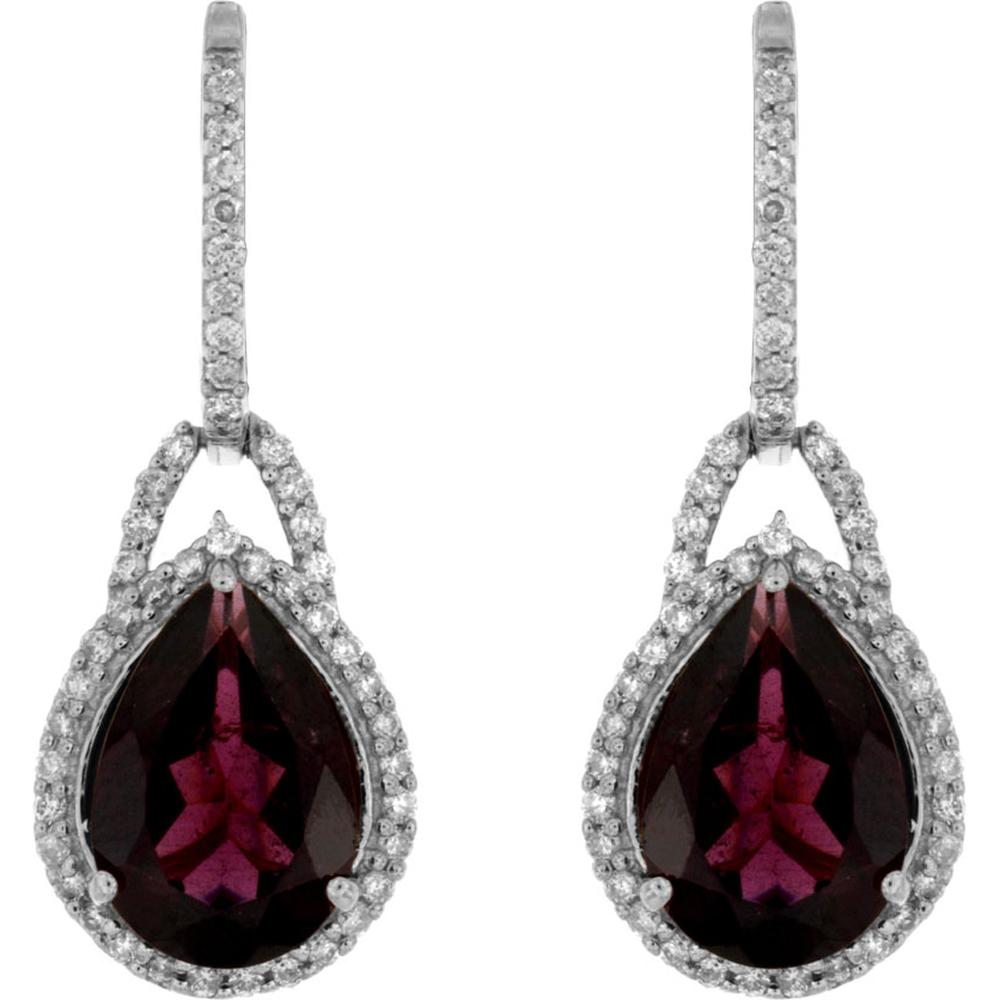 14K White Gold Pear-Shaped Rhodolite and Diamond Halo Drop Earrings - 4.00 Carat Rhodolite Total Weight, 0.40 Carat Diamond Total Weight - Royal Jewelry