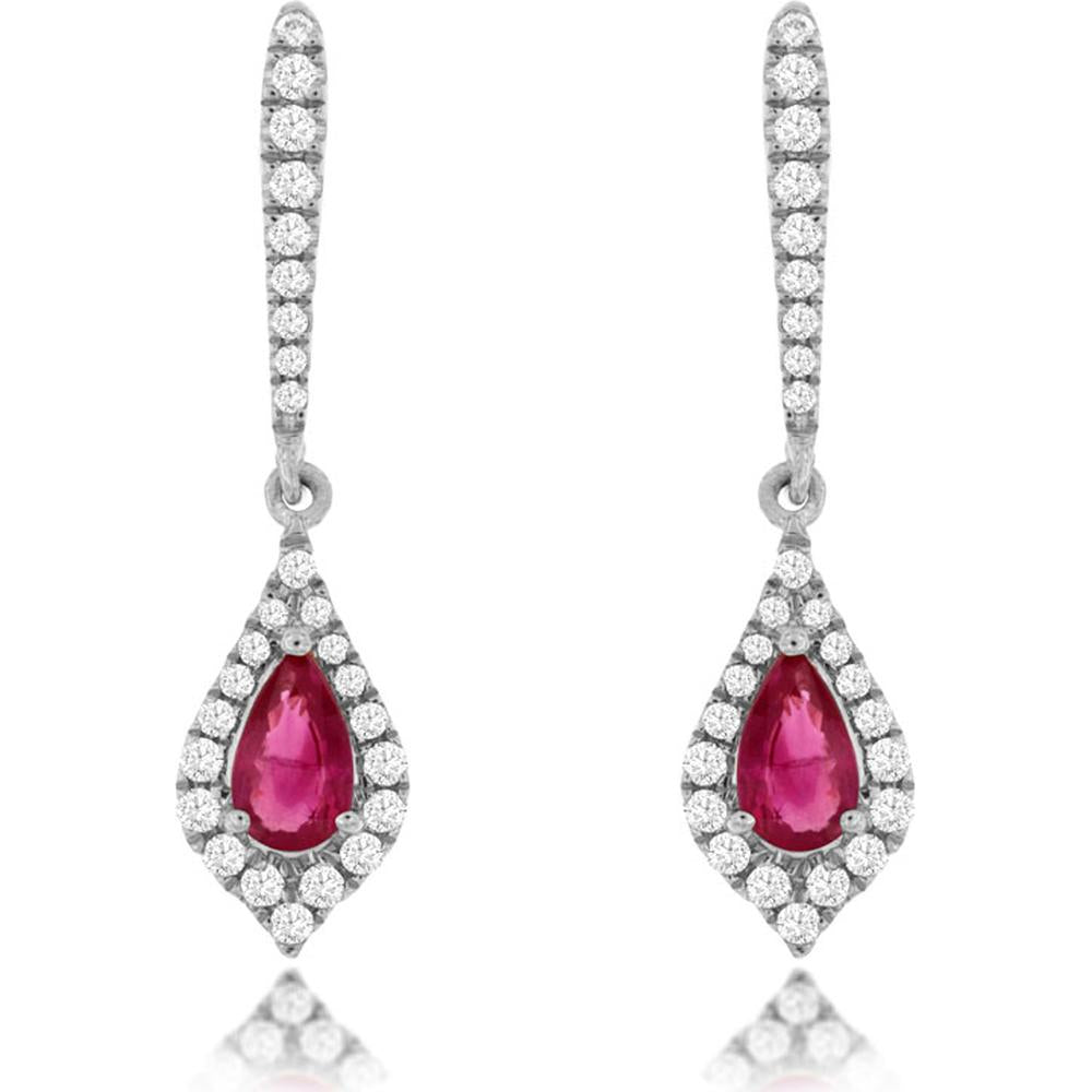 14K White Gold Pear-Shaped Ruby and Diamond Halo Drop Earrings - 0.44 Carat Total Ruby Weight, 0.22 Carat Total Diamond Weight - Royal Jewelry