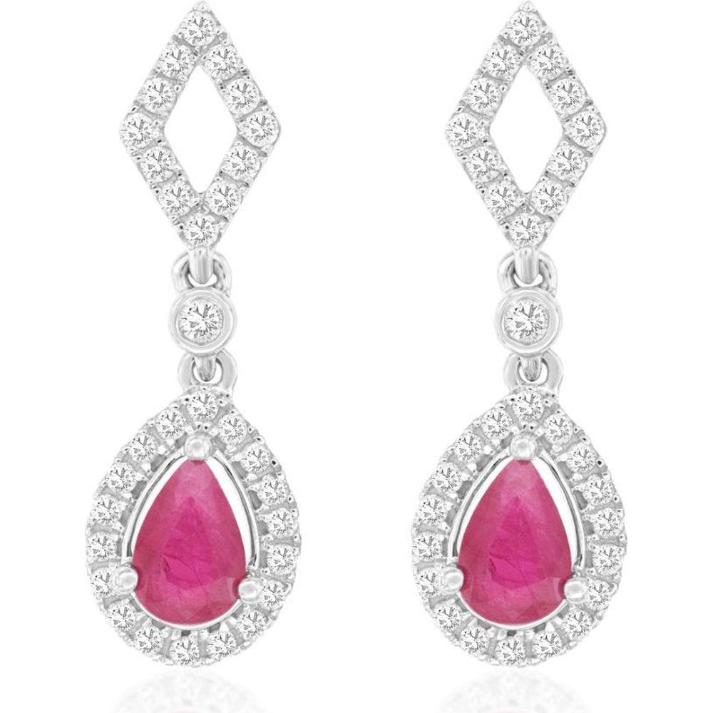 14K White Gold Pear-Shaped Ruby & Diamond Halo Drop Earrings - 0.90 Carat Total Ruby Weight, 0.48 Carat Total Diamond Weight - Royal Jewelry