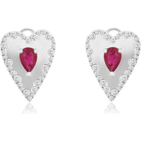 14K White Gold Pear-Shaped Ruby and Diamond Halo Heart Drop Earrings - 0.96 Carat Total Ruby Weight and 0.52 Carat Total Diamond Weight - Royal Jewelry