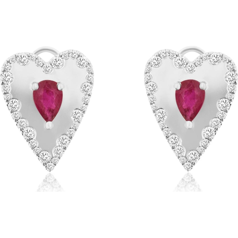 14K White Gold Pear-Shaped Ruby and Diamond Halo Heart Drop Earrings - 0.96 Carat Total Ruby Weight and 0.52 Carat Total Diamond Weight - Royal Jewelry