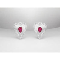 14K White Gold Pear-Shaped Ruby and Diamond Halo Heart Drop Earrings - 0.96 Carat Total Ruby Weight and 0.52 Carat Total Diamond Weight - Royal Jewelry